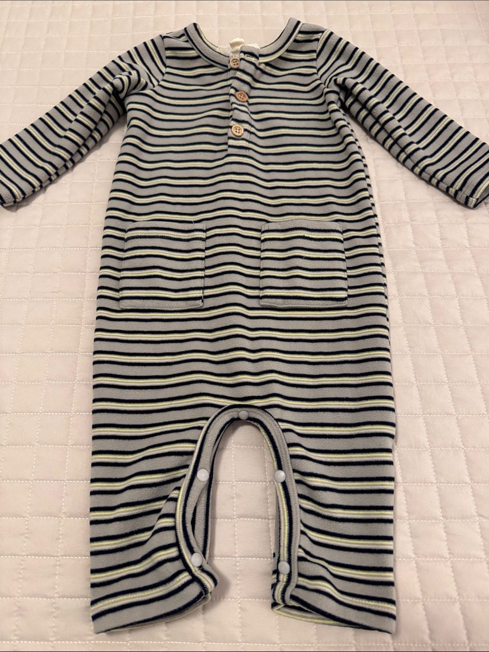 Mayhem onesie size 9 months grey/navy stripe velour